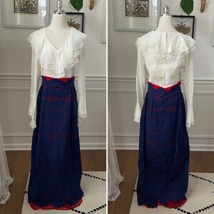 Vintage 70s Calderon Blue White Red Maxi Dress Long Sleeve S M